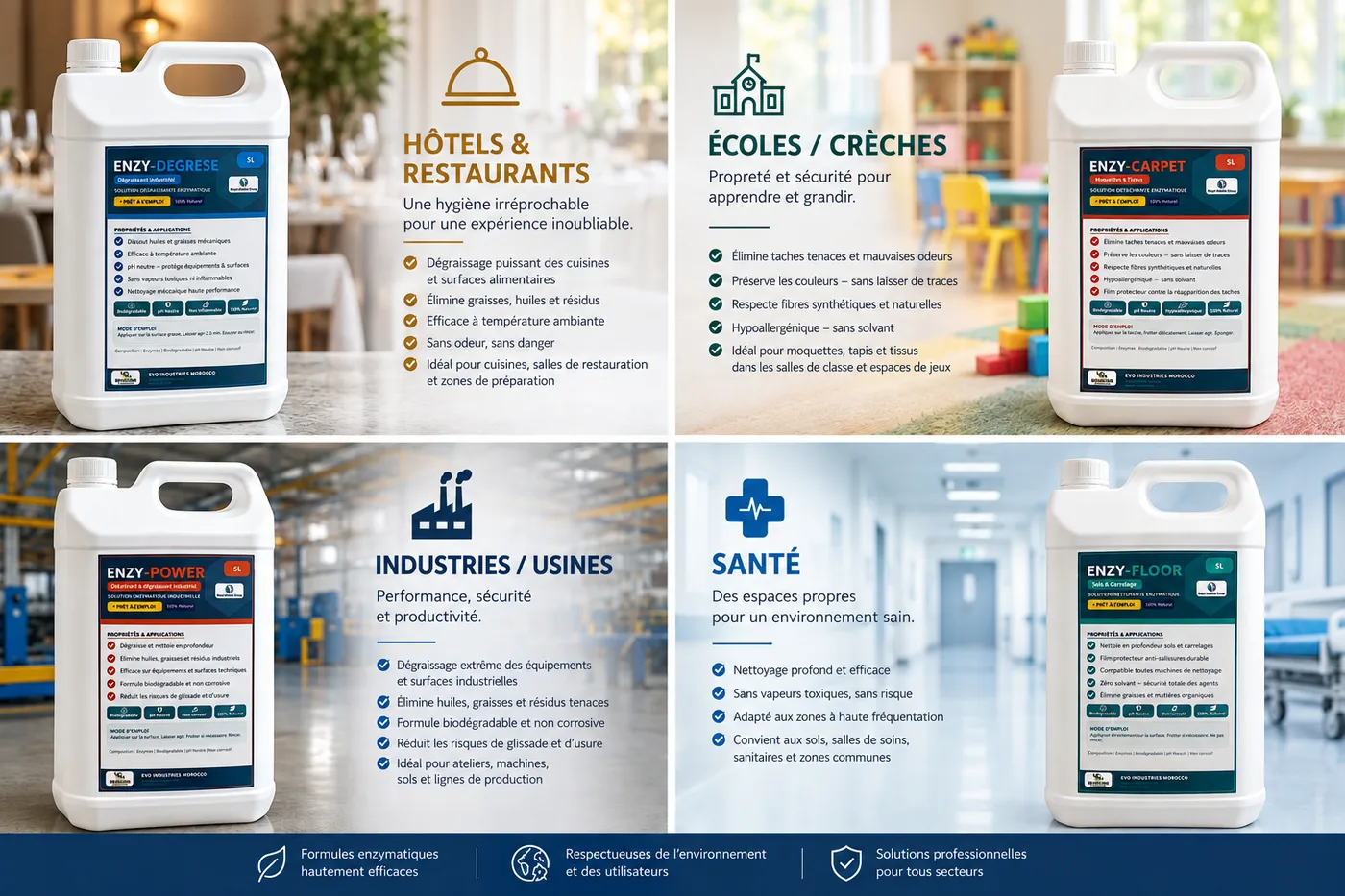 Gamme ENZY par secteur : hôtels et restaurants, écoles et crèches, industrie, santé