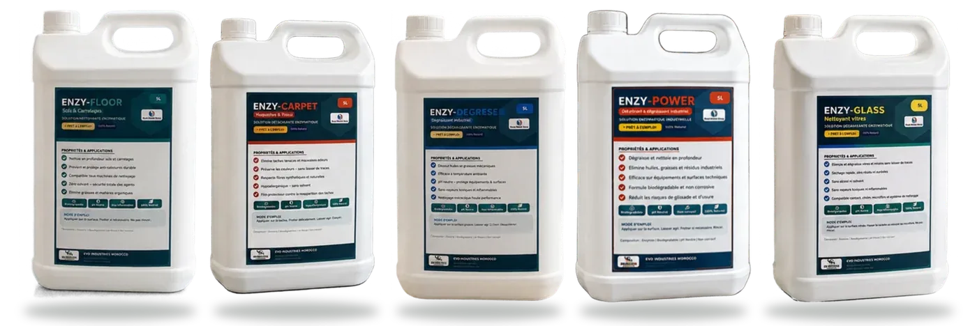Les 5 bidons ENZY, nettoyants bio-enzymatiques sans javel : FLOOR, CARPET, DEGRESE, POWER et GLASS